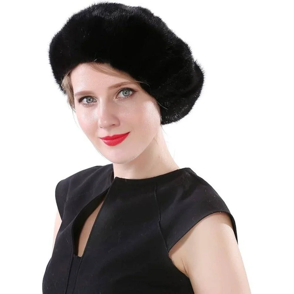 MSRP $60 YXCFEWD Women's Beret Black Real Mink Fur Hat Knit‎ Russian Winter Cap